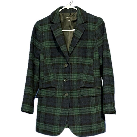 NWOT Women's TALBOTS VELVET-TRIM BLAZER Wool Blend Plaid Check Green Sz 2 Tartan - Picture 1 of 4